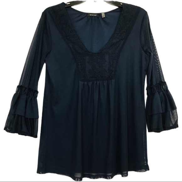 Verve Ami Navy Blue Boho Ruffle Long Sleeve Sleeve Sheer Flowy Tunic Size Medium - Picture 1 of 7